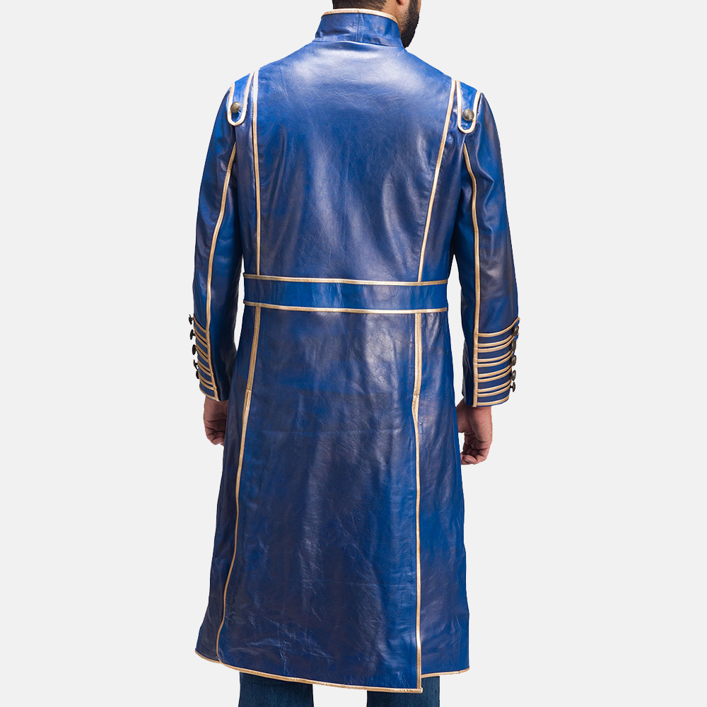 mens blue leather trench coat