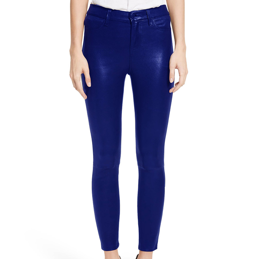 Laluvia Navy Blue Stitched Leather Trousers