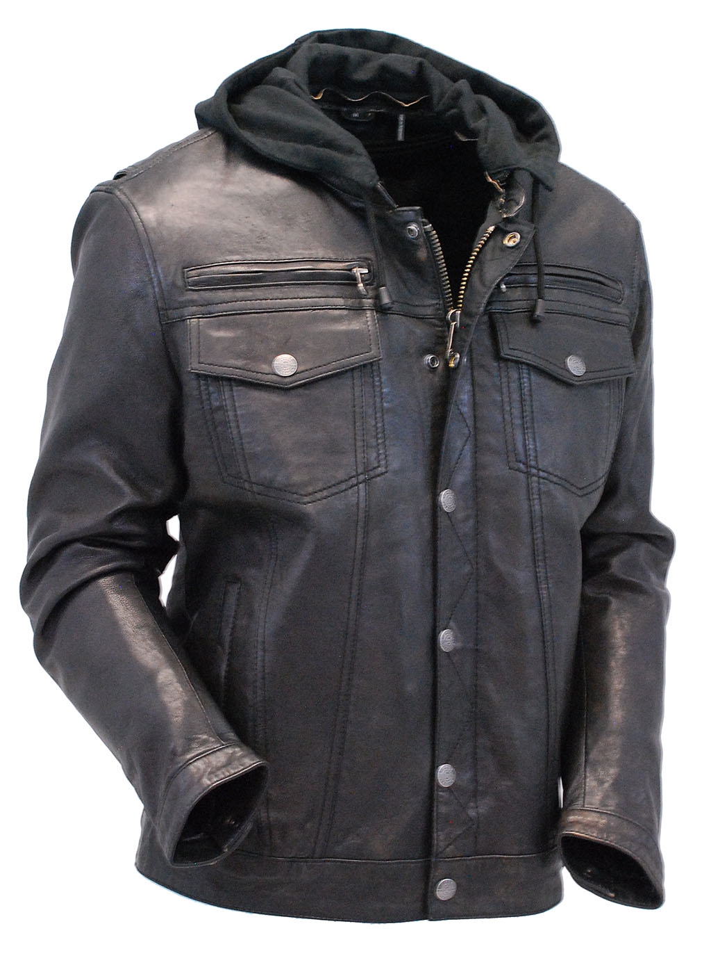 Mens Hooded Leather Denim Jacket