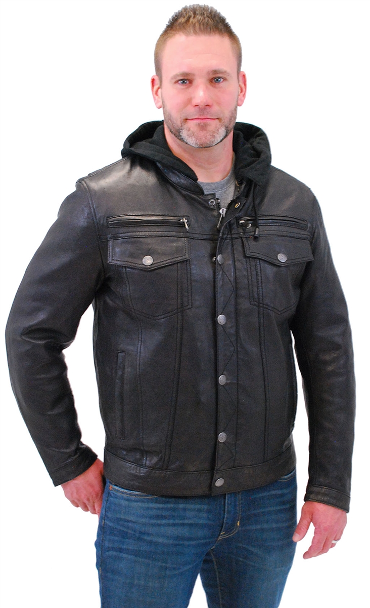 Mens Hooded Leather Denim Jacket