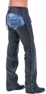 Purple Wings Leather Chaps for Women Pant Pockets Back