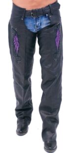 Purple Wings Leather Chaps for Women Pant Pockets Front