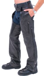 Vented leather chaps featuring stretch thigh and pockets