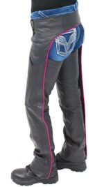 PREMIUM LEATHER BLACK PINK STRIPE MOTORCYCLE CHAPS BACK