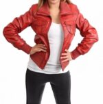 Fitted Zip-Up Red Leather Casual Bomber Jacket