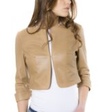 Brown Color Lamb Leather Round Neck Short Jacket