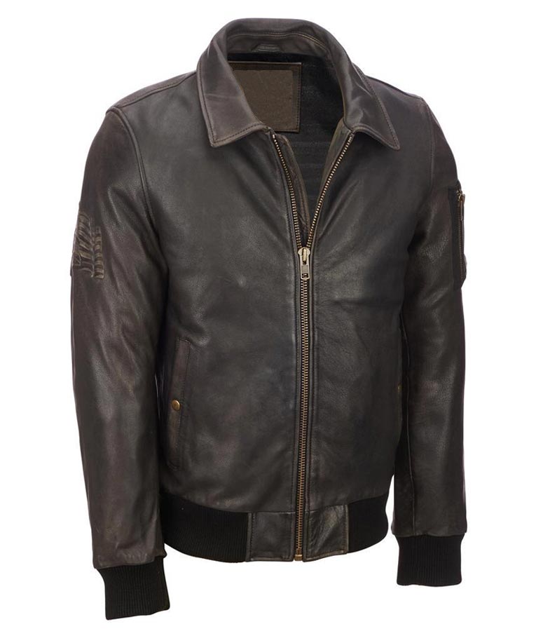 Men's Aaron Distressed Brown Leather Bomber Jacket