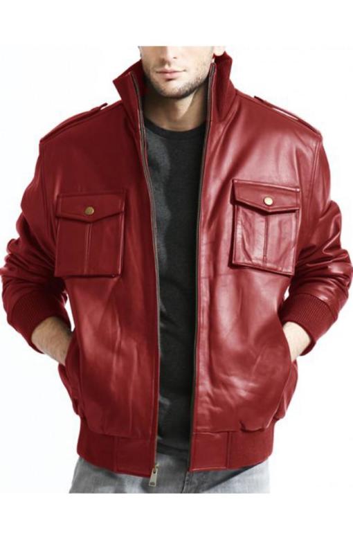 Mens Fashion Real Red Leather Bomber Jacket Coat