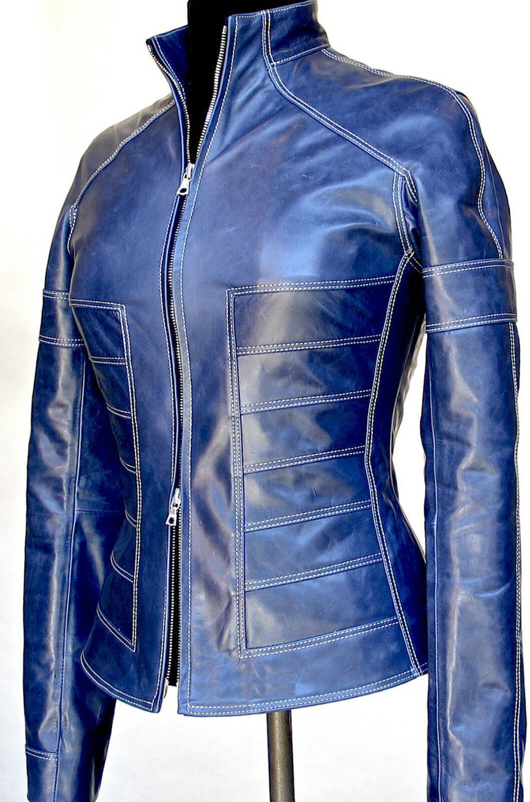 Royal Blue Leather Jacket Womens With Fur Collar
