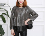 Women Black and Grey Contrast Slim Pleated Soft Leather Jacket