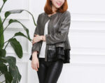 Women Black and Grey Contrast Slim Pleated Soft Leather Jacket