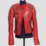 Women's-Red-Color-Silver-Spike-Studs-Leather-Jacket