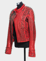 Women's-Red-Color-Silver-Spike-Studs-Leather-Jacket