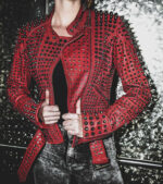 Women's-Red-Color-Silver-Spike-Studs-Leather-Jacket