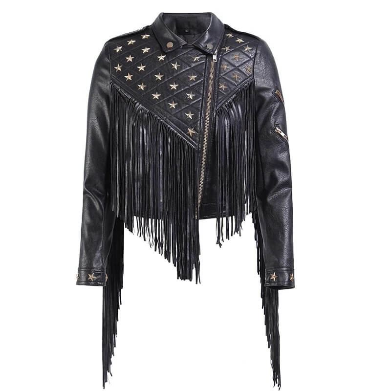 Maker of Jacket Biker Jackets Black Fringe Star Studded Leather