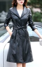 Women's Single Breasted Turn Collar Black Coat Front