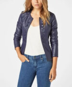 Button Detail Blue Leather Fashion Jacket