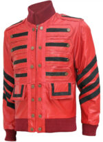 Men Red Bomber Military Leather Jacket