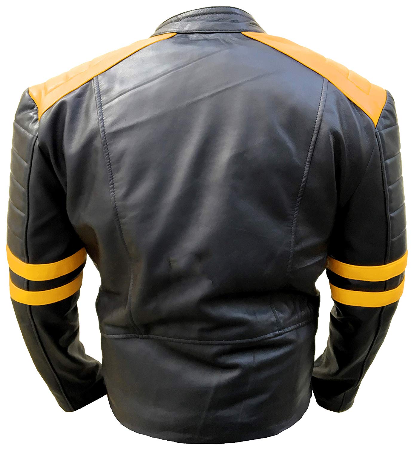 Men's Asymmetrical Yellow Striped Moto Black Leather Jacket