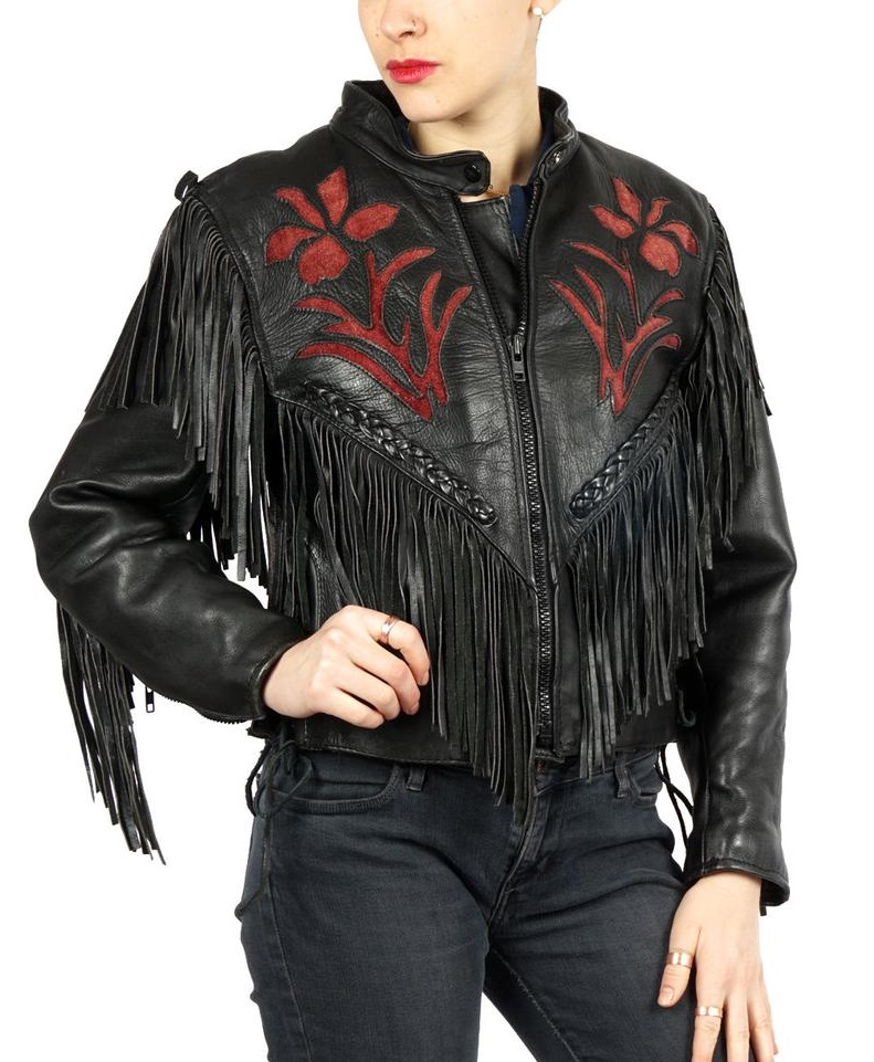 80s Black Leather Cropped Motorcycle Jacket With Fringe, Steer