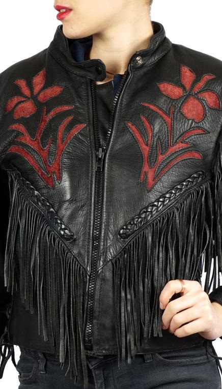 80s Black Leather Cropped Motorcycle Jacket With Fringe, Steer