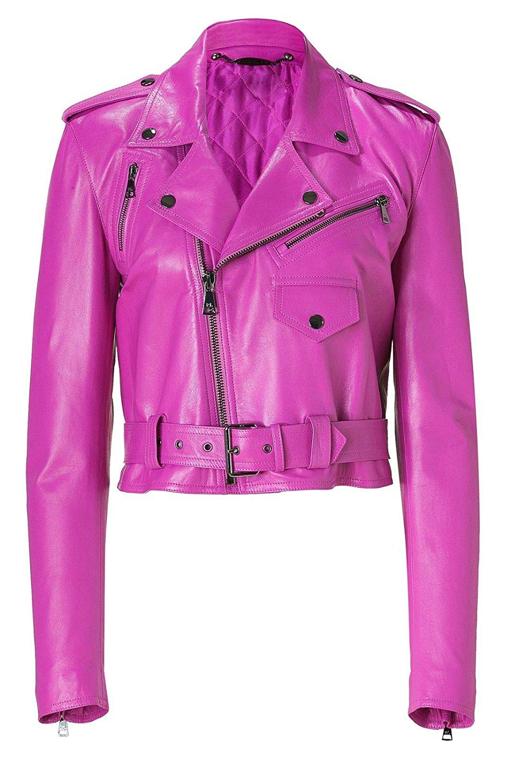 Jessica Alba Hot Pink Stylish Cropped Leather Jacket | Women Pink Biker  Jacket
