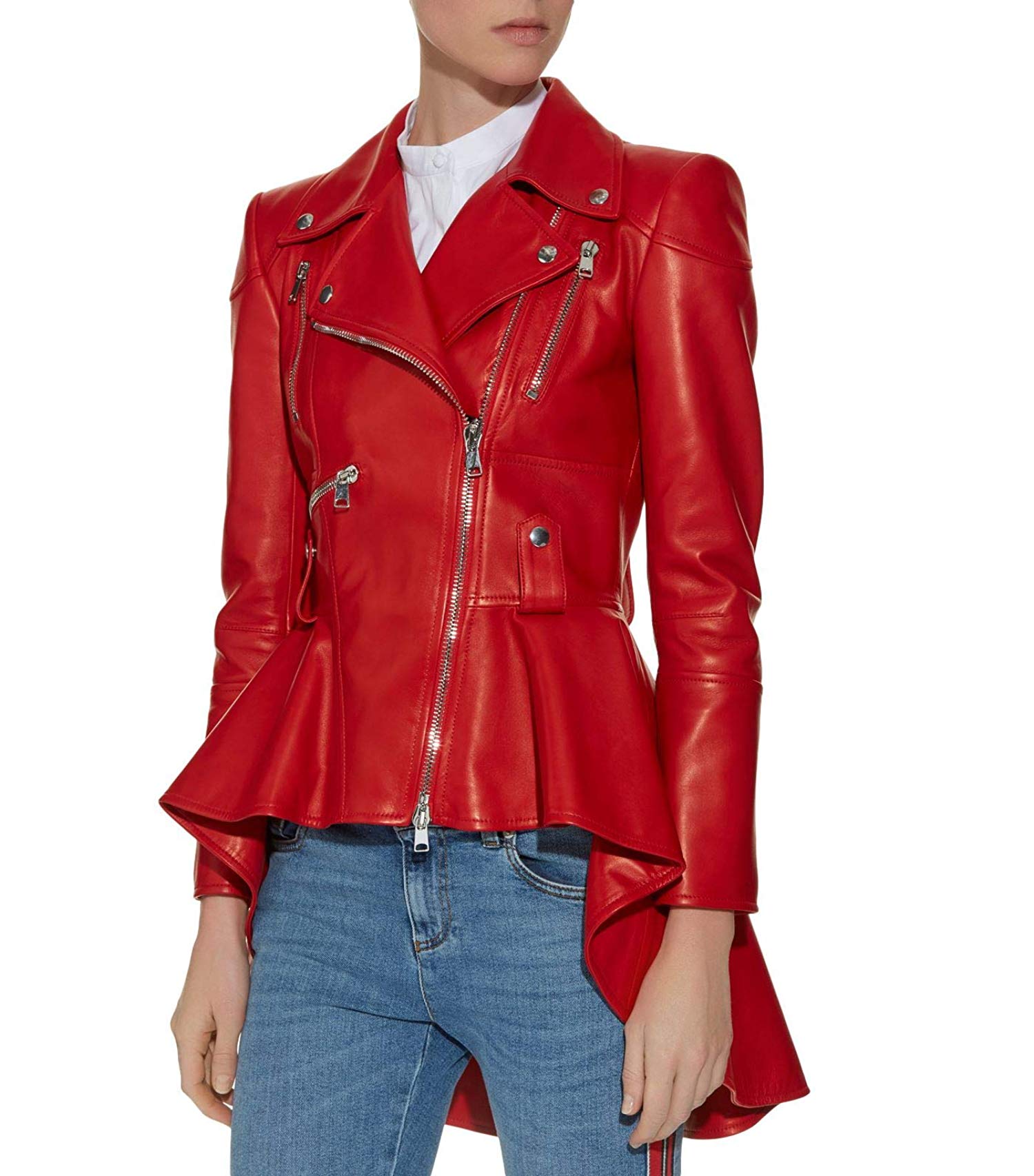 Womens Red Peplum Biker Leather Jacket 1 