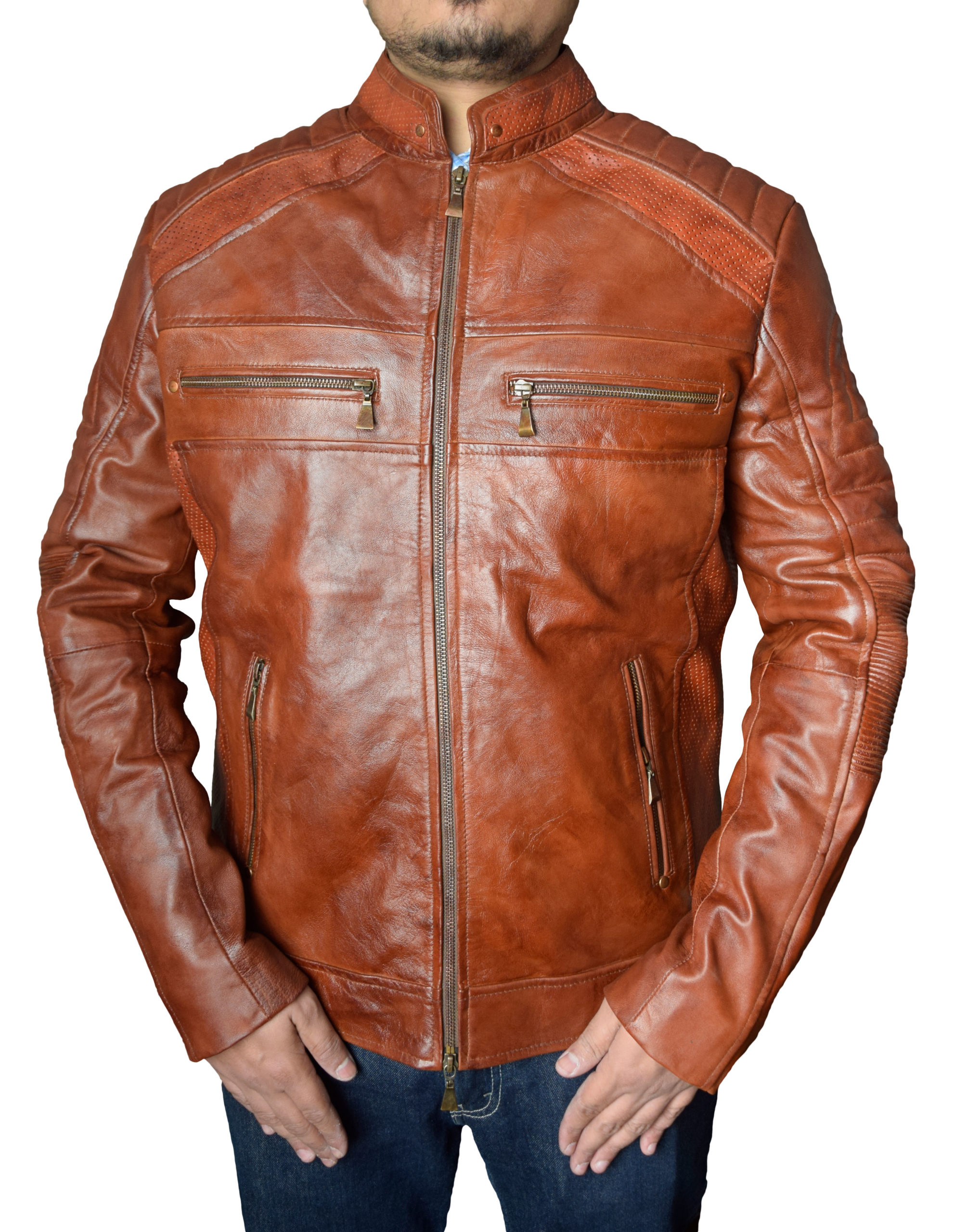 Mens Biker Distressed Brown Leather Jacket