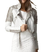 Silver Long Spike Studded Biker White Leather Jacket