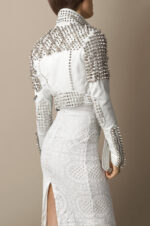 Silver Long Spike Studded Biker White Leather Jacket