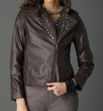 Women's Brown Silver Studded Biker Leather Jacket