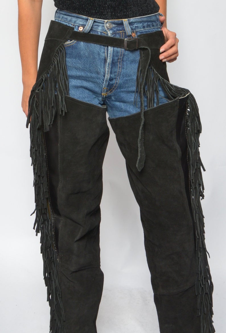FRINGED WESTERN LEATHER CHAPS PANTS COWBOY