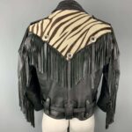 Men's Black Leather Cream Zebra Panel Fringe Biker Jacket