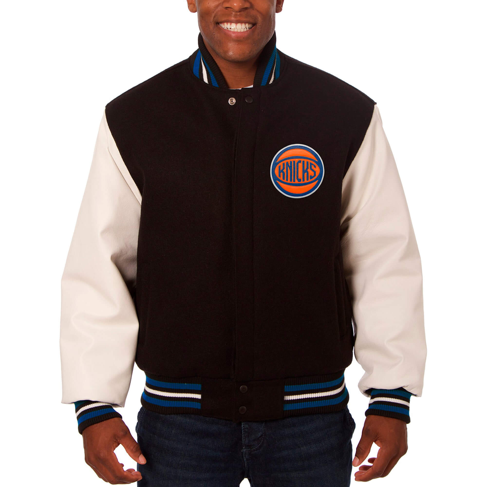 NBA Wool/Leather New York Knicks Blue and Orange Varsity Jacket