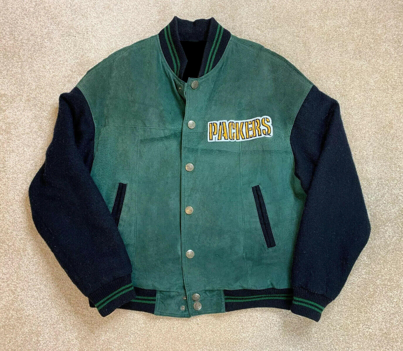 Vintage NFL Green Bay Packers Big Logo Reversible Button Up Varsity Jacket  - L