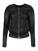 Women Collarless Bomber Real Leather Jacket Front
