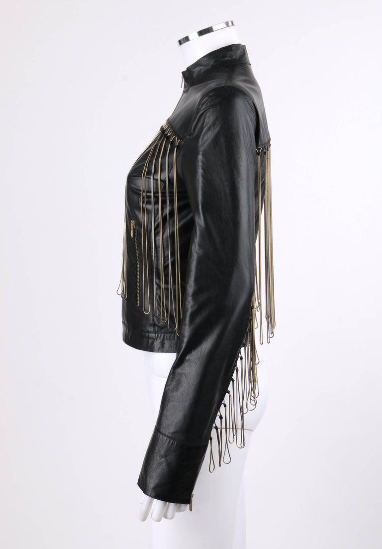 Black Leather Silver & Gold Metal Chain Fringe Moto Collar Jacket