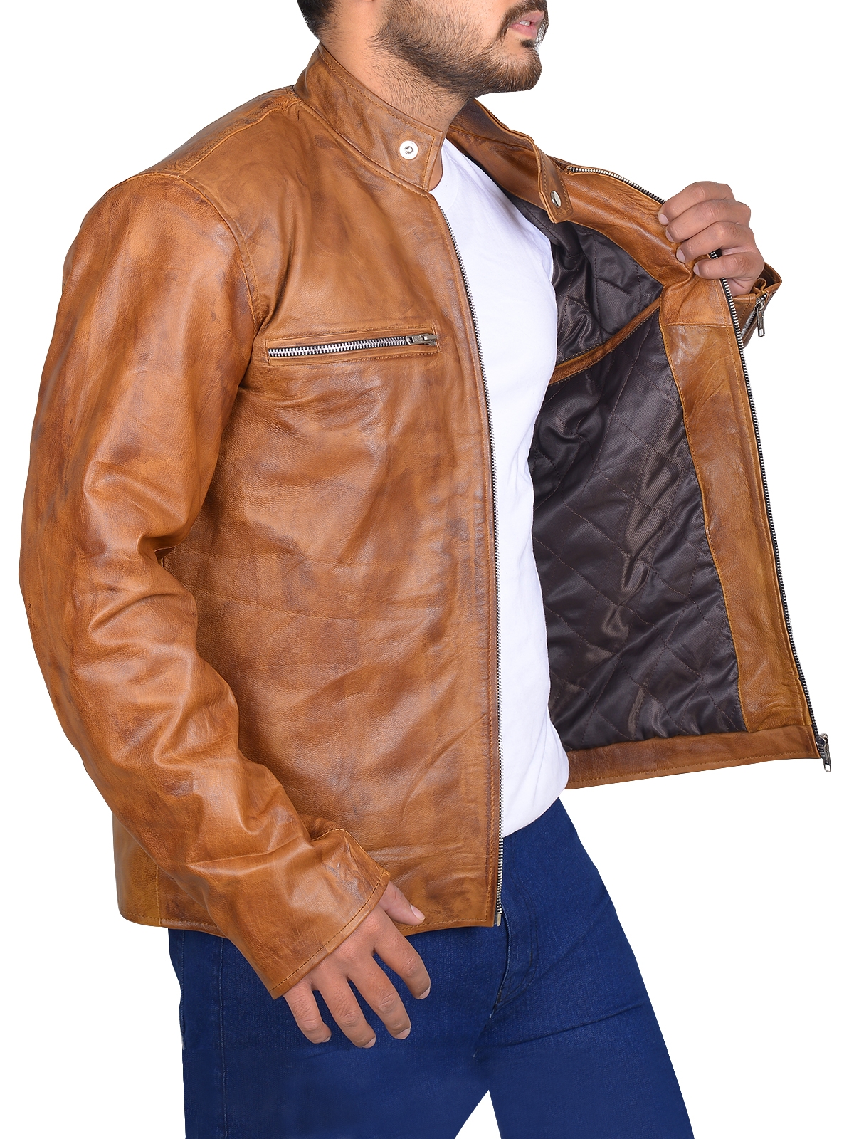 Men's Tan Distressed Leather Car Coat
