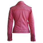 Women studded spiked pink leather jacket Back