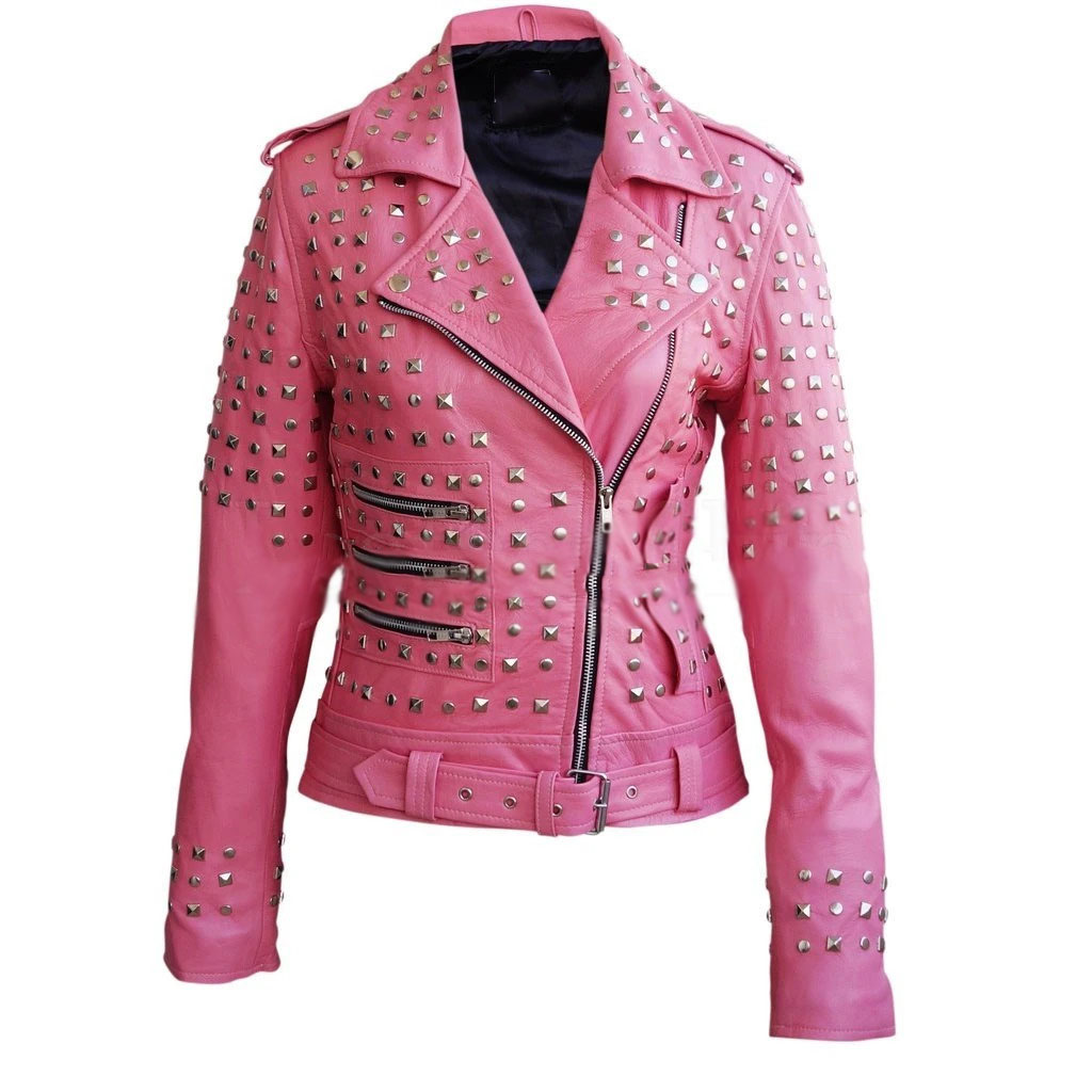 Women studded spiked pink leather jacket