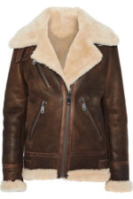 Brown Leather Trimmed Shearling Fur Biker Jacket