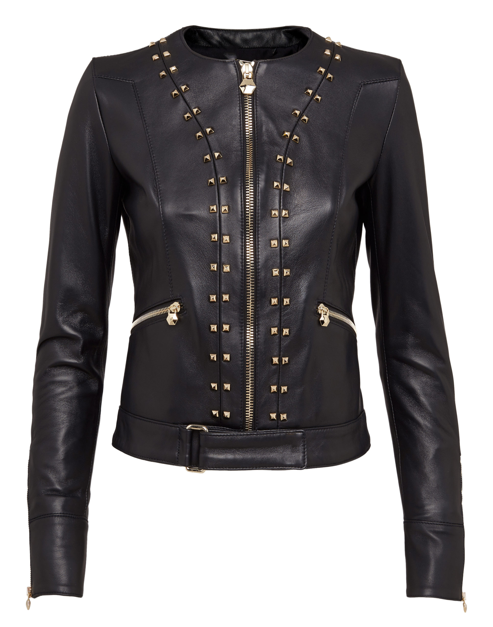 Black Leather Studded Jacket With Chains