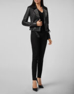 Black Lambskin Leather Silver Studded Biker Jacket