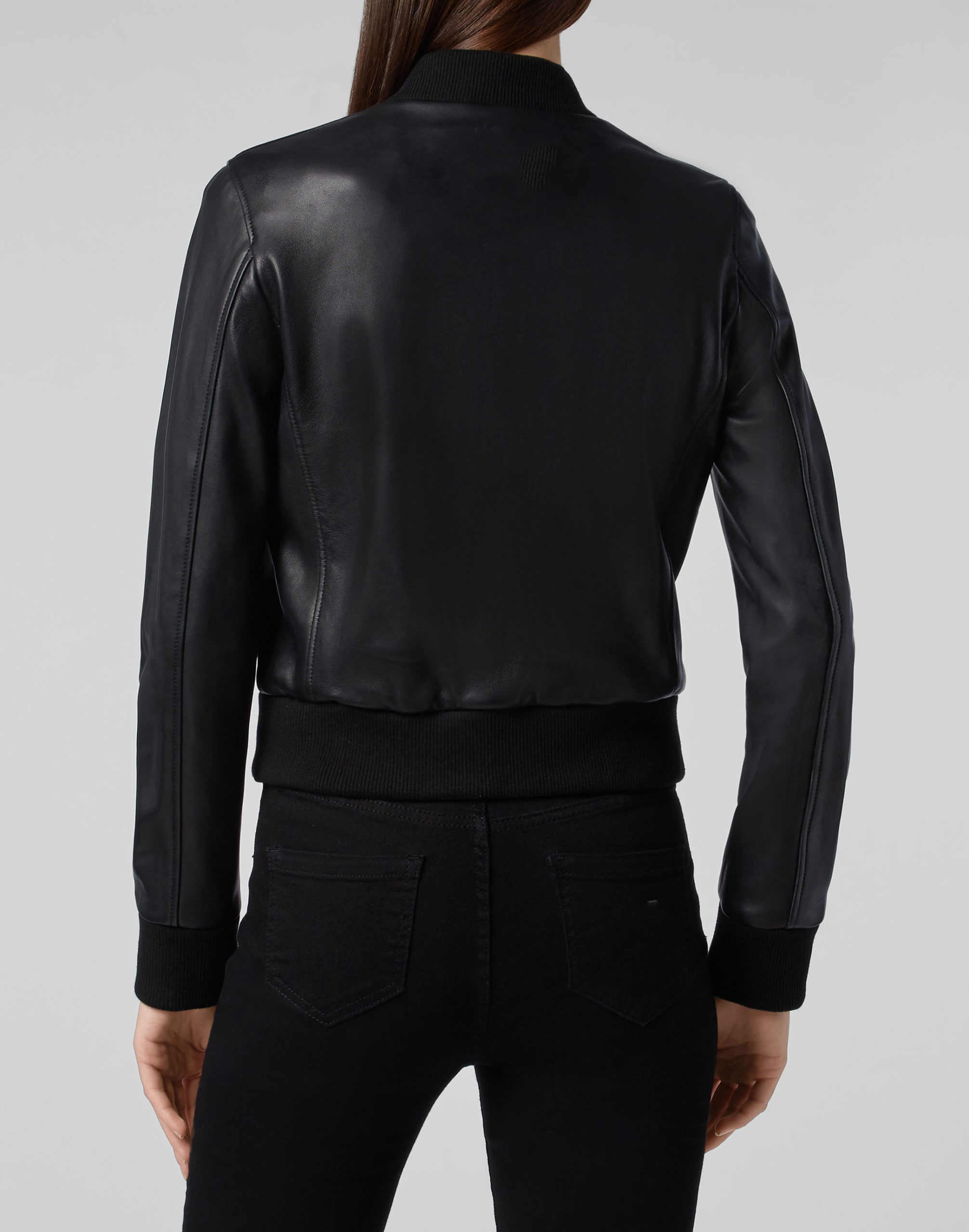 Black Leather Studded Bomber Jacket - Maker of Jacket