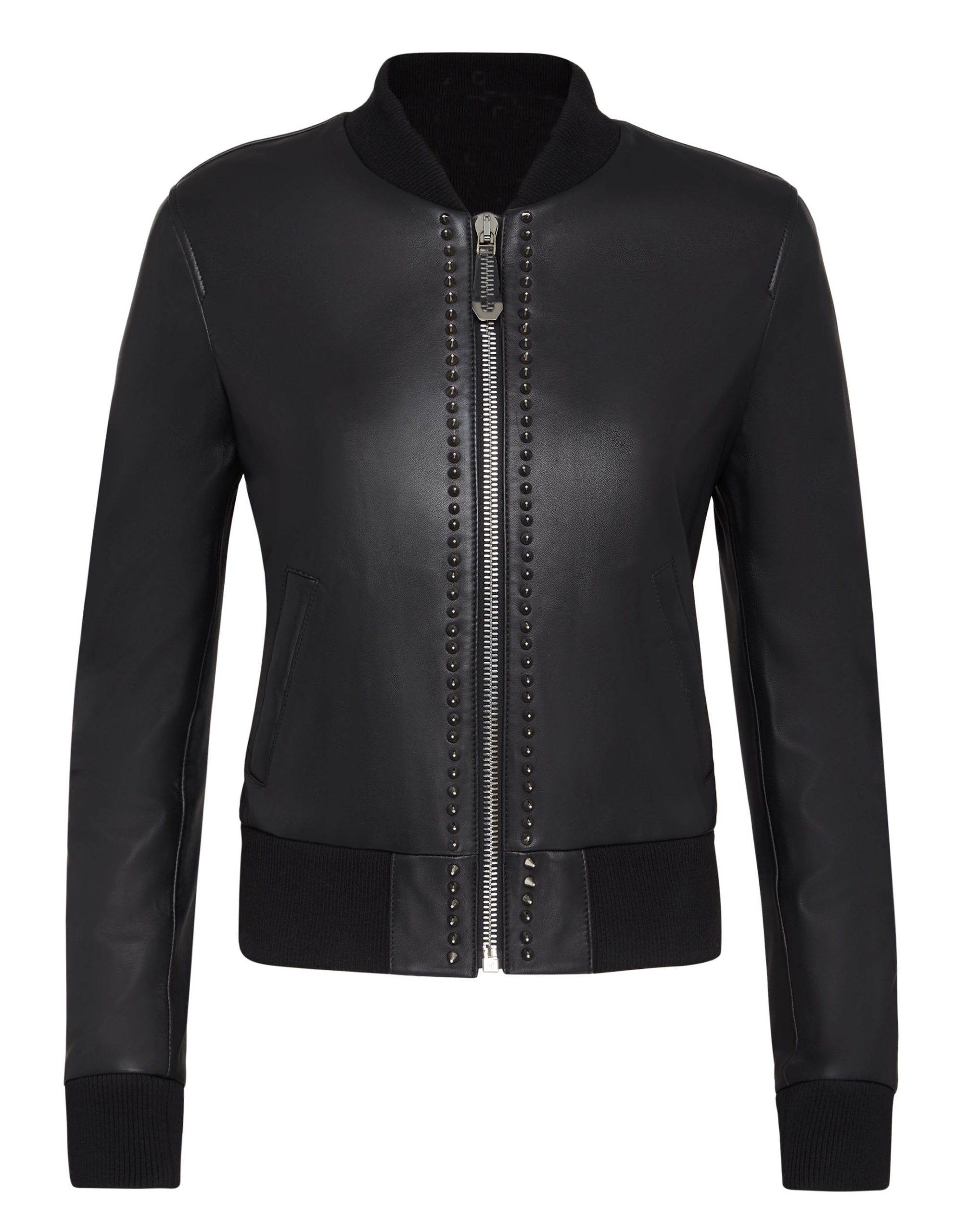 Black Leather Studded Bomber Jacket