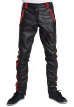 Black Cowhide Leather Red Strips Biker Pant Front