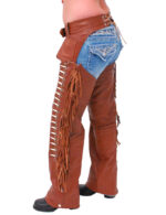Brown Leather Chaps w/Fringe And Bone Beading