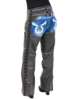 Eyelet Trim Stretch Thigh Vintage Gray Leather Chaps Back