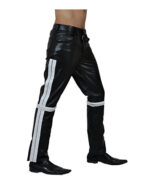 Men Real Black and White Leather Bikers Pant side