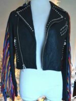 Black Leather Multi Color Fringes Silver Studded Jacket